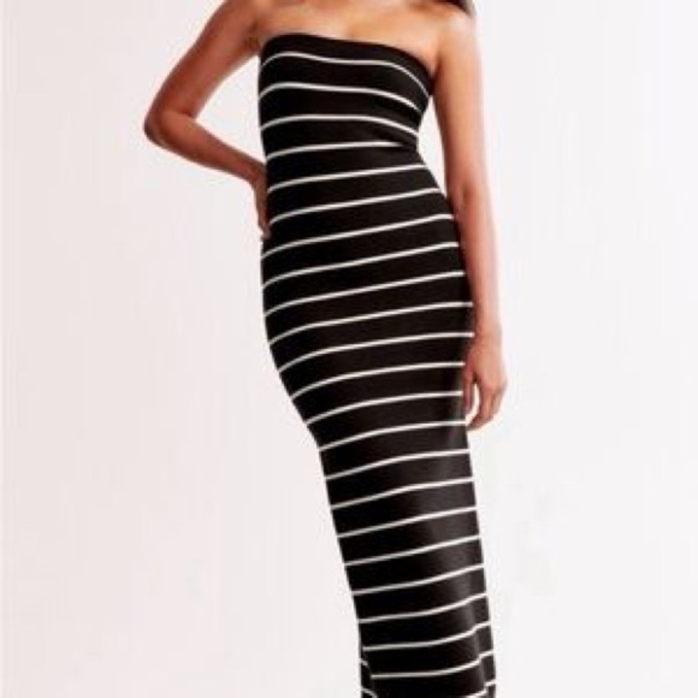 Abercrombie & Fitch Strapless Knit Maxi Dress Black White Stripe